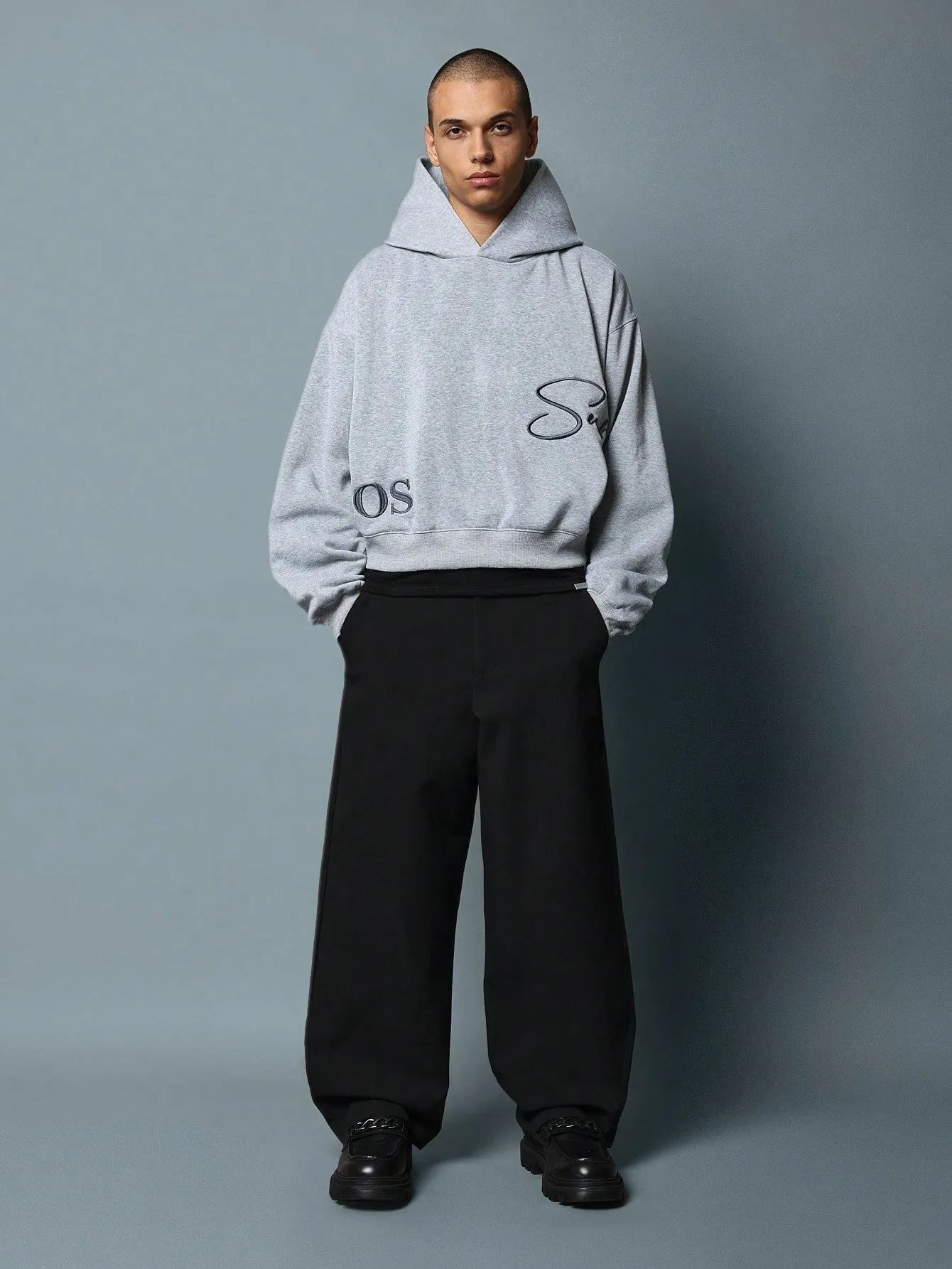 Crop Fit Overhead Hoodie With Script Embroidery Pattern