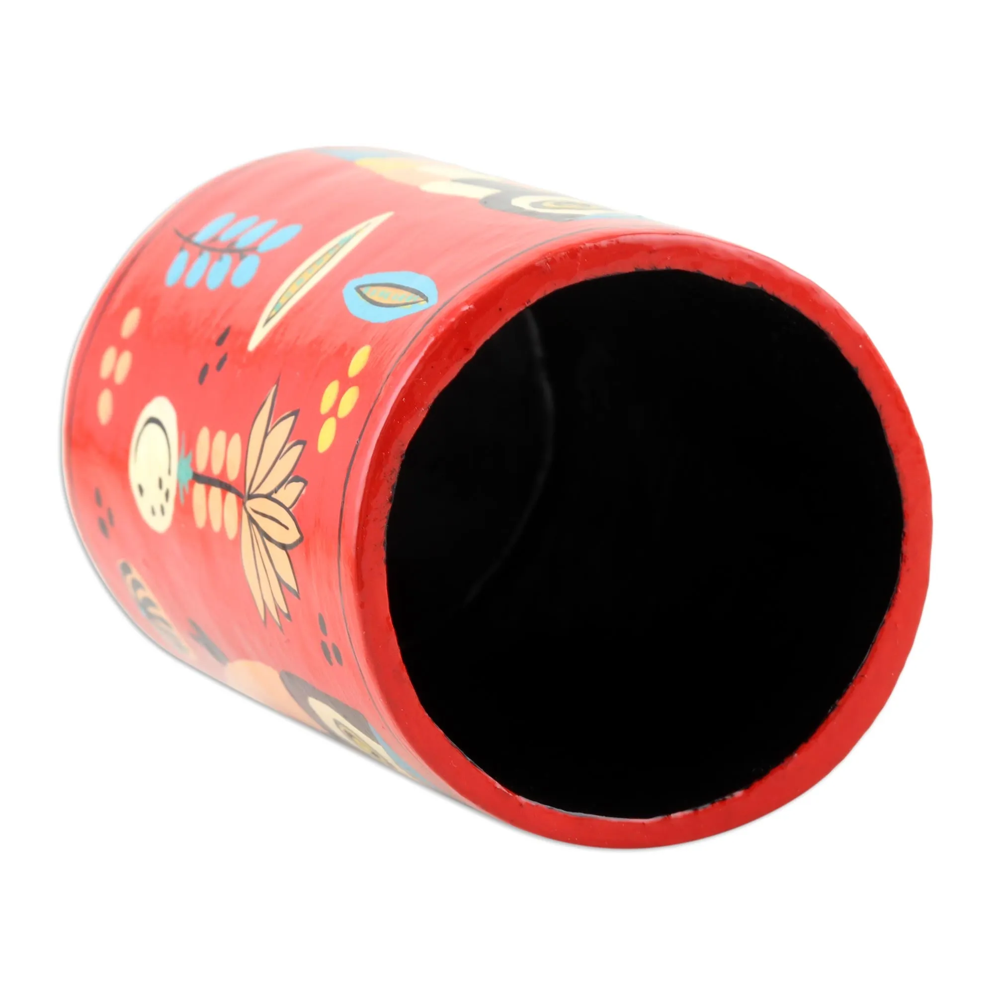 Hand Made Papier Mache Pen Holder - Owl Story in Red | NOVICA