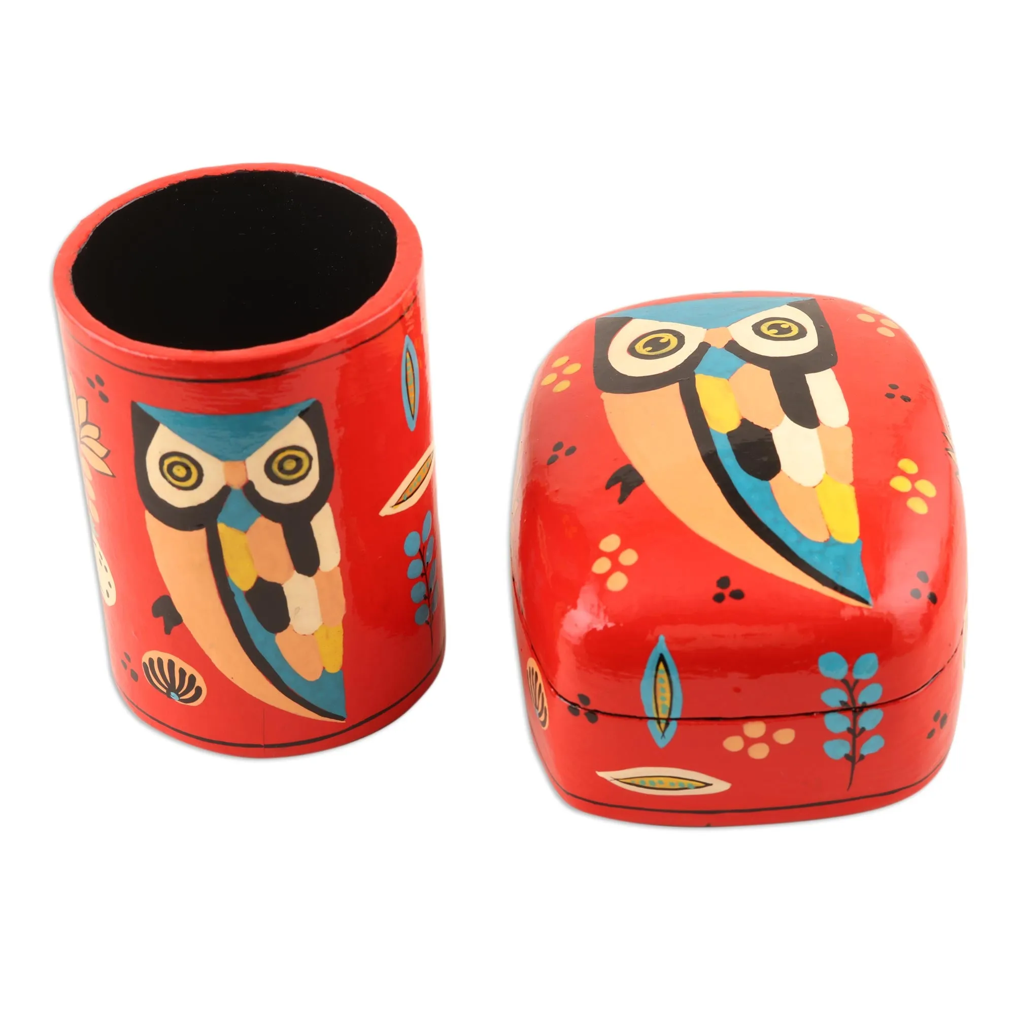 Hand Made Papier Mache Pen Holder - Owl Story in Red | NOVICA