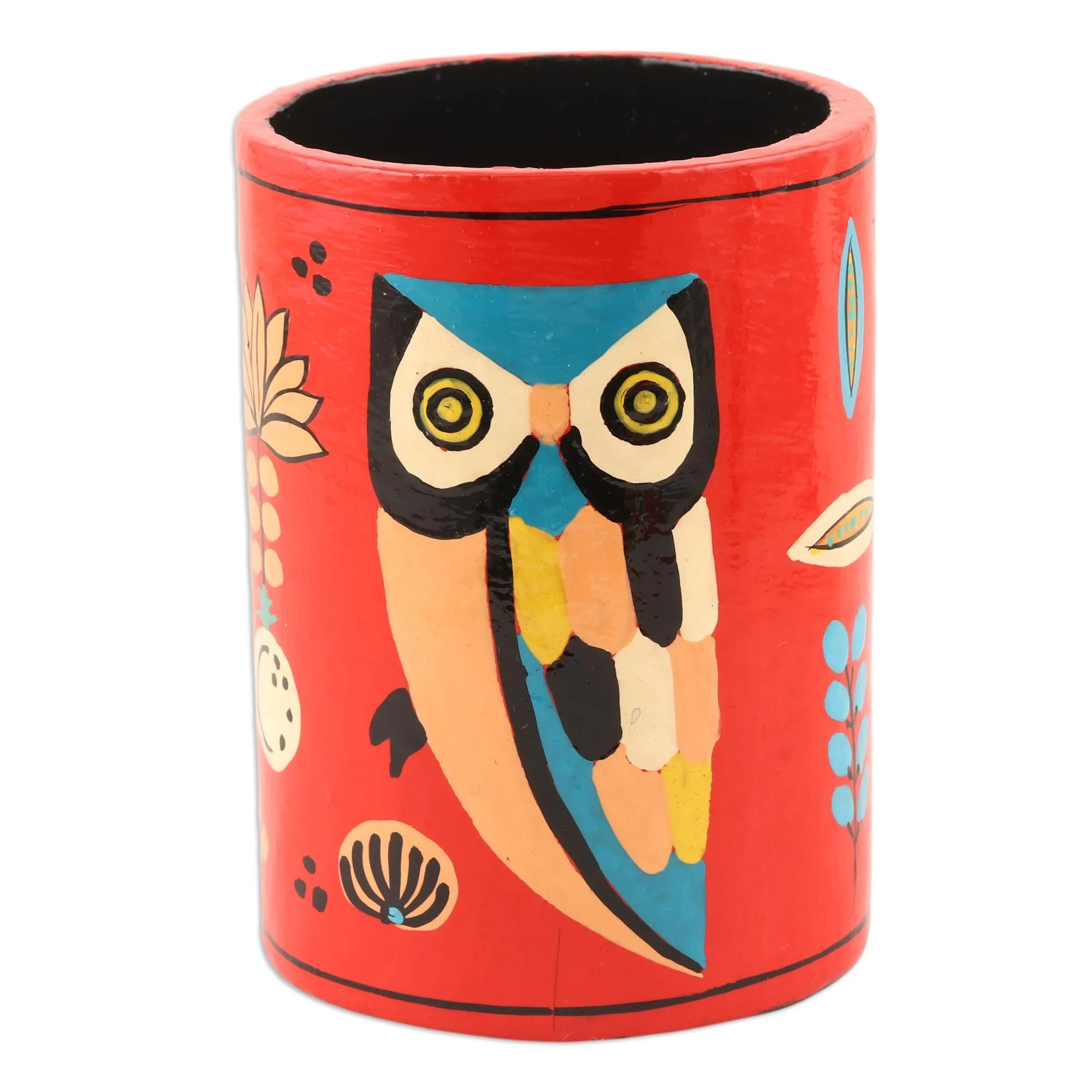 Hand Made Papier Mache Pen Holder - Owl Story in Red | NOVICA