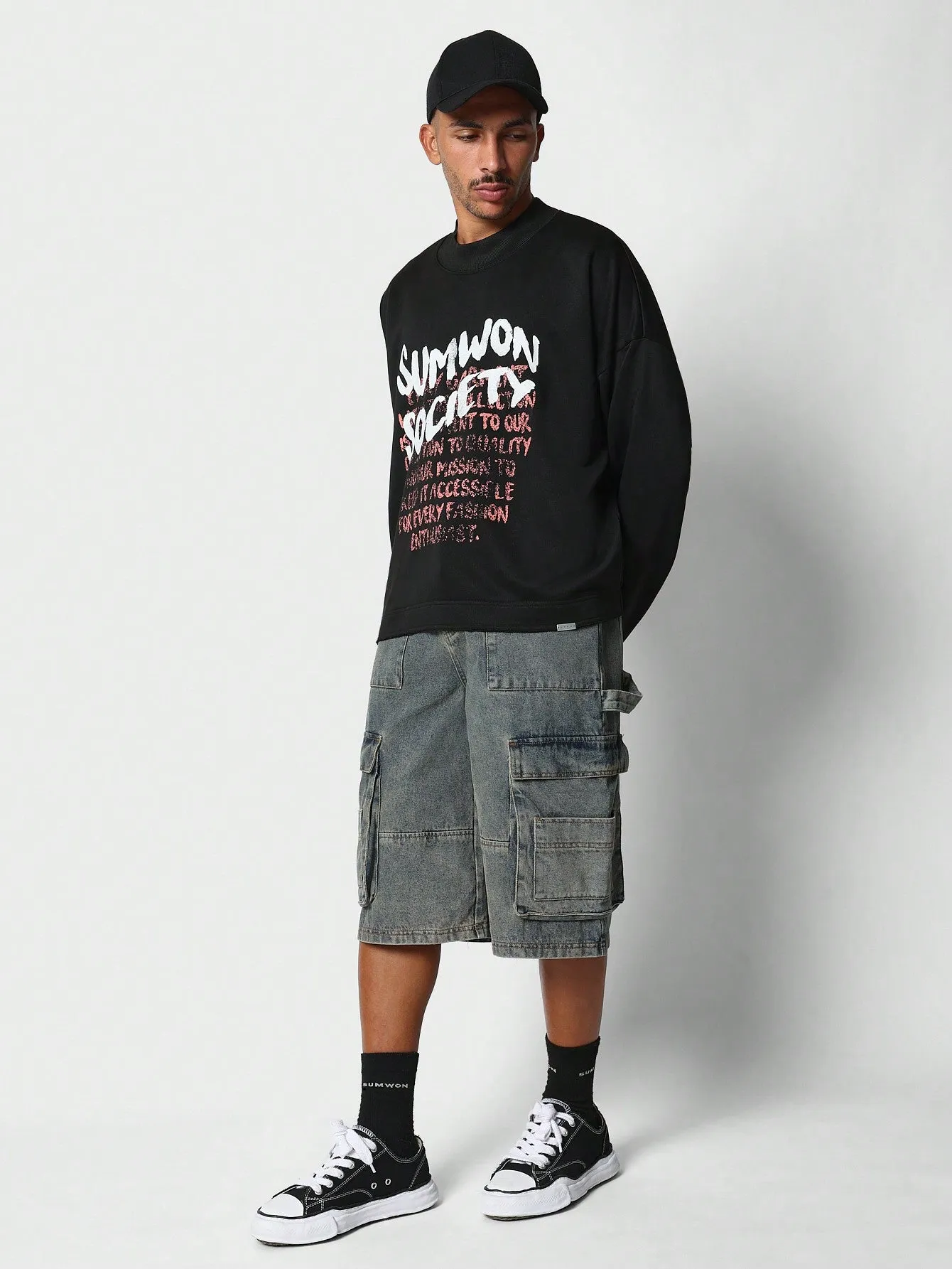 Oversized Fit Sweatshirt With Text Graphic Print