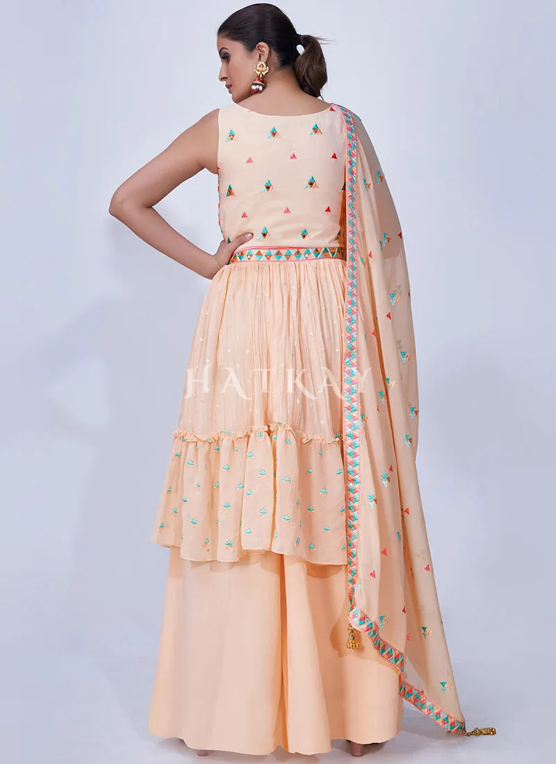 Peach Mirror Work Multi Embroidery Chiffon Palazzo Suit
