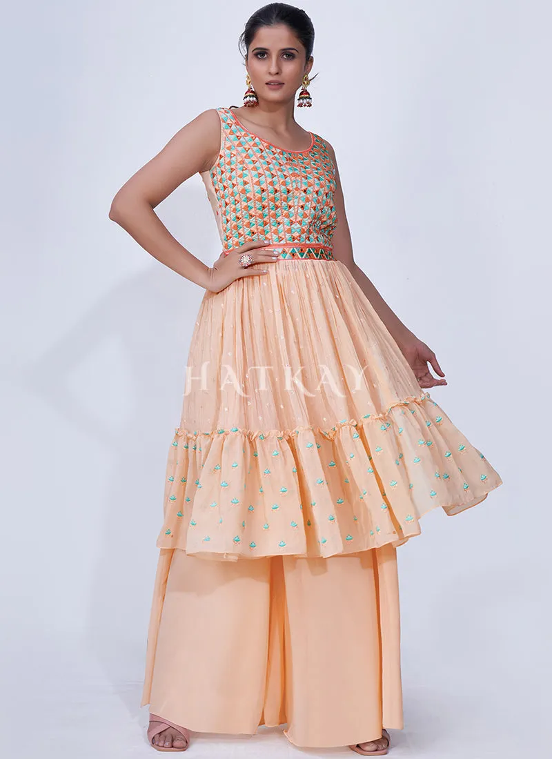 Peach Mirror Work Multi Embroidery Chiffon Palazzo Suit