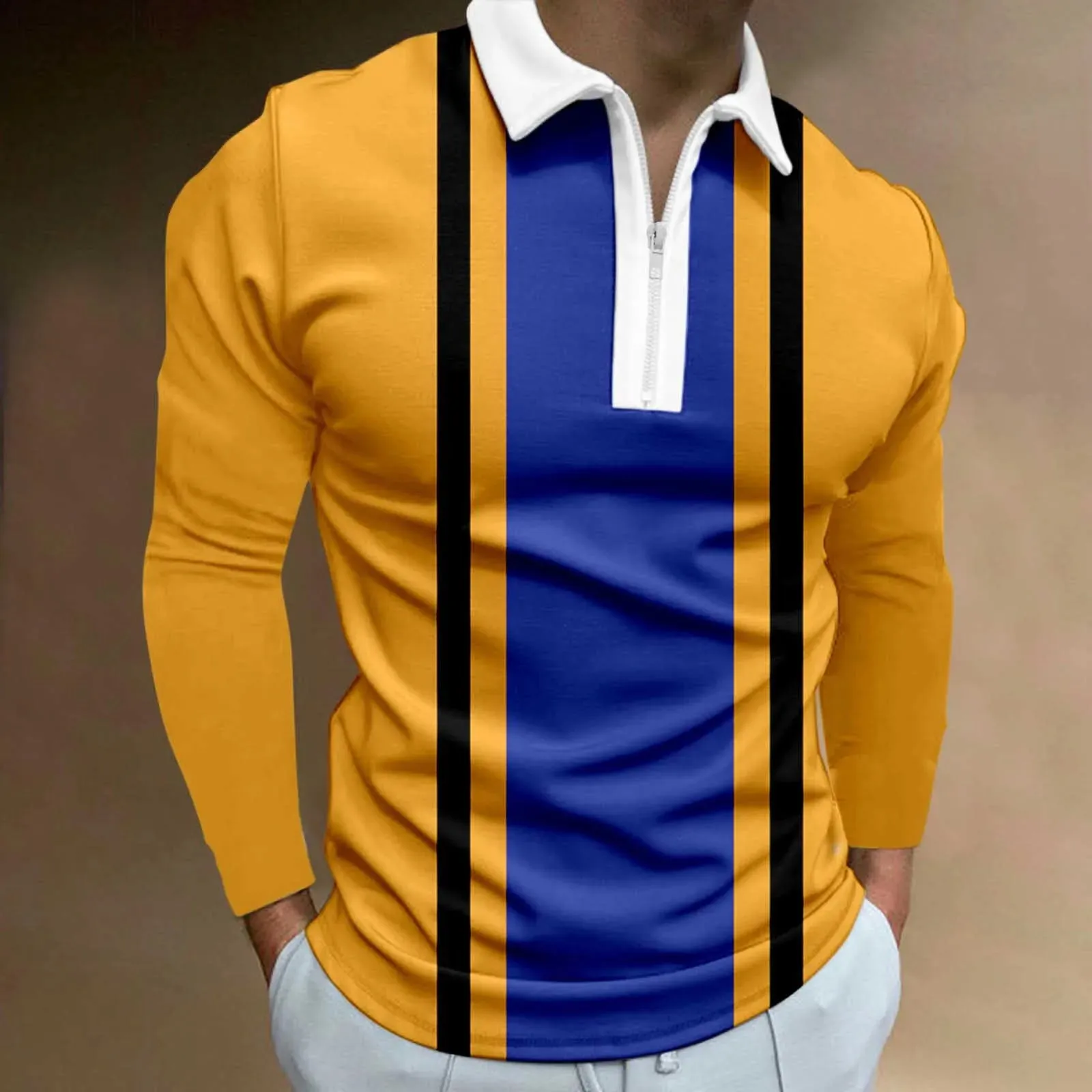 Personality Men's Striped Polo Shirt Long Sleeve Casual Autumn